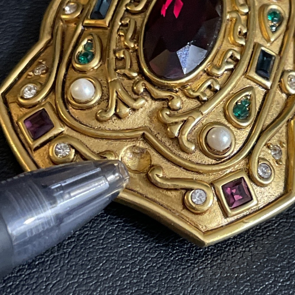 Vintage RALPH LAUREN Brooch Rhinestone Etruscan Revival Gold Tone Signed READ - Picture 4 of 10